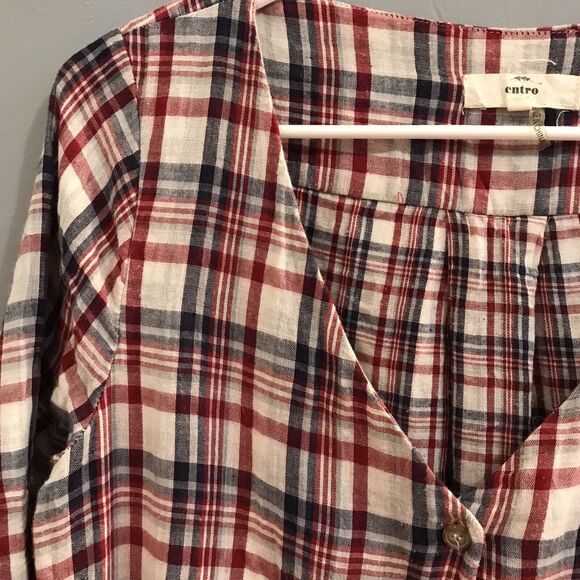 Entro Womens Multicolor Plaid Quarter Sleeves Button Front Shirt Dress Size M - Picture 2 of 5